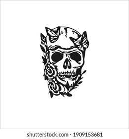Skull with Roses Symbol. Tattoo Design. Vector Illustration.