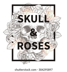 Skull and roses trend t-shirt print. Fashionable hipster design