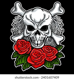 skull and roses vector hand drawing