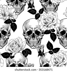 Skull and roses. vector seamless pattern