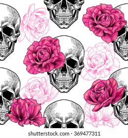 Skull and roses .Vector seamless pattern