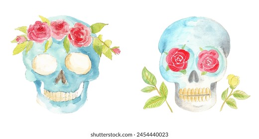 skull with roses watercolor vector illustration 