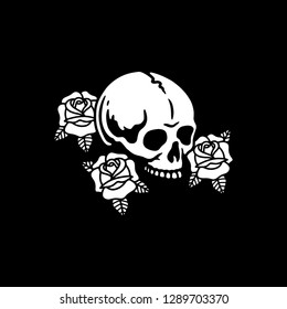 SKULL WITH ROSES WHITE BLACK BACKGROUND