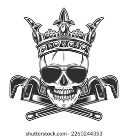 Skull in royal crown with construction plumbing wrench spanner tools and sunglasses accessory to protect eyes from bright sun vintage isolated vector illustration