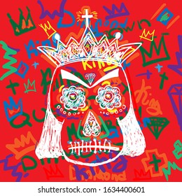 Skull in a royal crown on background of a handwritten text. Doodle, sketch, graffiti. Colorful vector illustration.