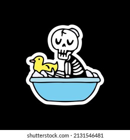 Skull with rubber duck on bath tub, illustration for t-shirt, sticker, or apparel merchandise. With doodle, retro, and cartoon style.