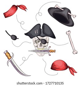 Skull and sabers. Pirate emblem. cartoon icon set
