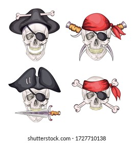 Skull and sabers. Pirate emblem. cartoon icon set