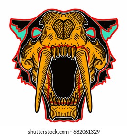 Skull of a saber-toothed tiger yellow