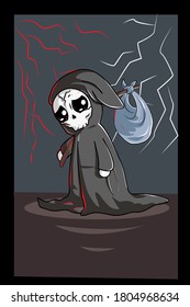 Skull triste bajo el cielo nocturno con el trueno vestido negro