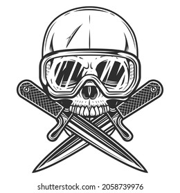 skull and safety glasses with crossed knives in vintage monochrome style isolated vector illustration