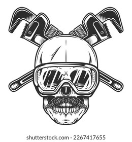 Skull in safety glasses with mustache with construction wrench for gas and builder plumbing pipe or body shop mechanic spanner repair tool in monochrome style isolated vintage vector illustration