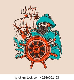 the skull sailor drives the ship in rough seas