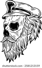 Skull with sailor hat. Vector illustration. Monochrome hand drawn style