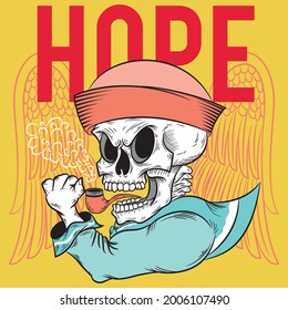 skull sailor with pipe and text HOPE wings in background