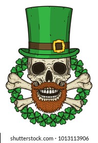 The skull of Saint Patrick's with green hat and clover leaves. Irish skull. St.Patrick skull vector