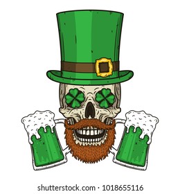 The skull of Saint Patrick's with green hat, glass beer and clover leaves. Irish skull. St.Patrick skull vector