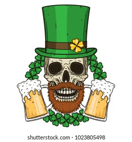 El cráneo de San Patricio con sombrero verde, cerveza de cristal y hojas de trébol. Calavera irlandesa.