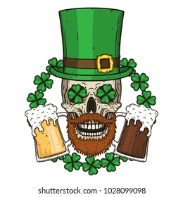 The skull of Saint Patrick's with green hat, glass beer and clover leaves. Irish skull.