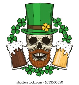 The skull of Saint Patrick's with green hat, glass beer and clover leaves. Irish skull.