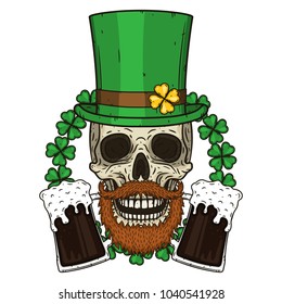 The skull of Saint Patrick's with green hat, glass beer and clover leaves. Irish skull.