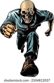 Skull salary man worker running towards camera vectors art colored