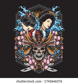 Skull Samurai With Geisha Vector Illustration