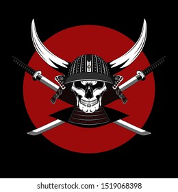 Skull of a samurai in a helmet with swords. Vector image on a black background.