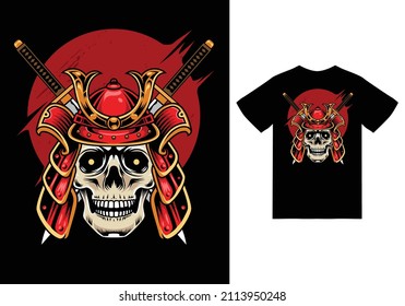 Skull samurai illustration with tshirt design premium vector the Concept of Isolated Technology. Flat Cartoon Style Suitable for Landing Web Pages, Banners, Flyers, Stickers, Cards