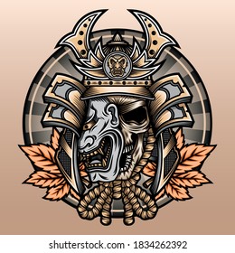 Skull of samurai with maple leaf. Premium vector