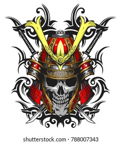 Skull samurai ornate vector design template