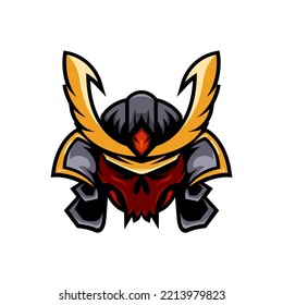 Skull Samurai con cara temerosa y coll Samurai Helmet Design Illustration. Diseña el concepto de camisetas, tatuajes, pegatinas, logotipos de juegos o afiches.