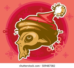 skull Santa. Background with snowflakes. Red background. Skull wearing Santa Claus hat. Bad Santa.