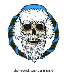 The skull of Santa Claus in the background of the branches of the Christmas tree. Santa claus skull. Cartoon skull isolated on white background