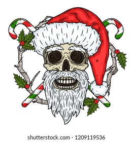 Skull. The skull of Santa Claus in the background of the branches of the mistletoe and crossed candies. Santa claus skull. Cartoon skull. 