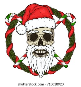 The skull of Santa Claus in the background of the branches of the Christmas tree and crossed candies. Santa claus skull. Cartoon skull isolated on white background