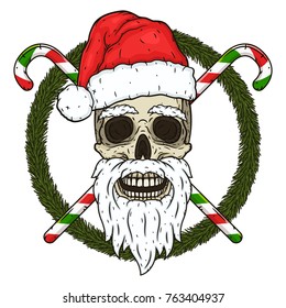 The skull of Santa Claus in the background of the branches of the Christmas tree and crossed candies. Santa claus skull. Cartoon skull isolated on white background