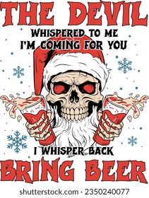 Skull of Santa Claus with beer, Skull christmas t shirt design.