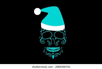 Skull Santa Claus blue color with ornament details, Christmas black background 