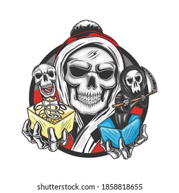 skull santa claus bring skull and grim reaper for a gift on christmas. vector illustration