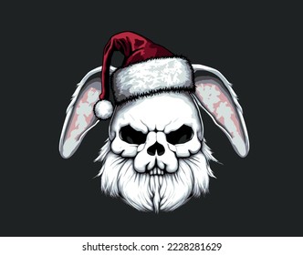 Skull Santa Claus Bunny Vintage Style. Vector Illustration. New Year or Christmas Rarty Poster.