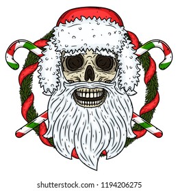 Skull. Skull of Santa Claus with fir branches and candies