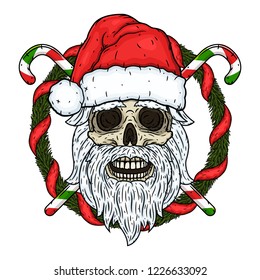 Skull. Skull of Santa Claus with fir branches and candies