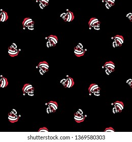 SKULL IN SANTA CLAUS HAT COLOR SEAMLESS PATTERN BLACK BACKGROUND