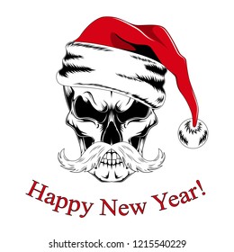 Skull in santa claus hat with congratulation happy new year.