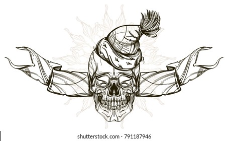 Skull in a Santa Claus hat with ribbon. Outline vector illustration isolated on white background.