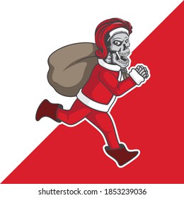 skull santa claus running with a sack of gift vector illustration.