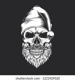 Skull Santa Claus vintage style. Monochrome vector illustration.