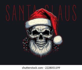 Skull Santa Claus vintage style. Vector illustration. New Year or Christmas party poster.