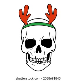 Skull Santa. Deer antlers. Scary Christmas Skull. Horror Christmas. Vector illustration. Isolated on white background.